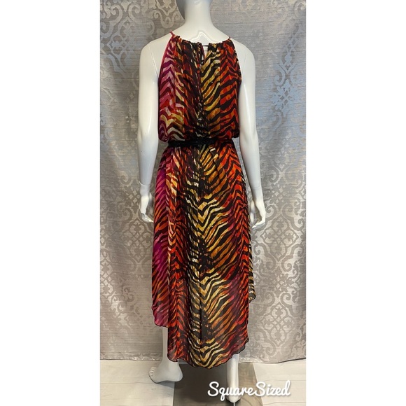 VALERIE BERTINELLI Chiffon Tiger Pattern Animal Print High Low Maxi Boho Dress L - Picture 3 of 11
